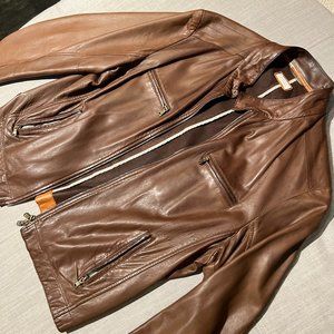 Brunello Cucinelli Men's Maple Brown Leather Racing Jacket